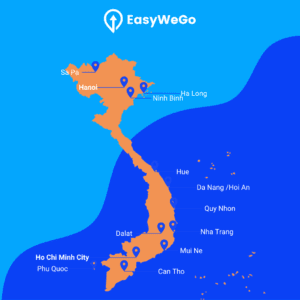 Blog illustration showing a map of Vietnam highlighting some of the must visit places across the country