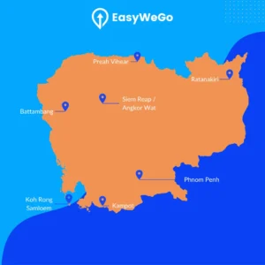 Blog illustration showing a map of Cambodia highlighting some of the must visit places across the country
