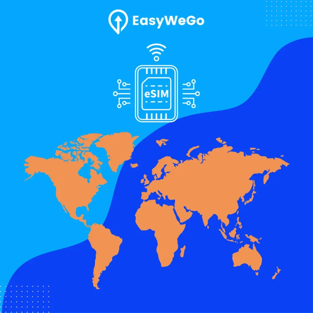 World map with an eSIM representing the list of eSIM availability by country provided by EasyWeGo